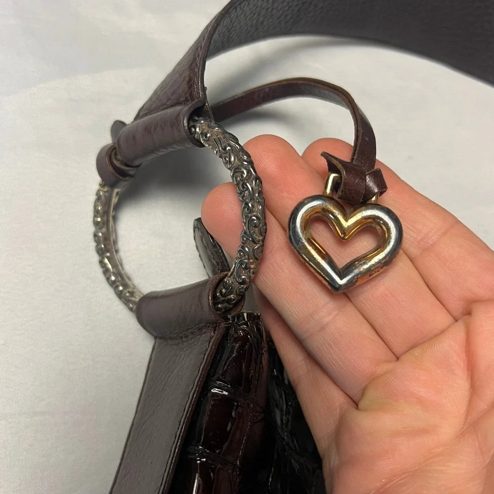 Brighton Croc Cher Embossed Shoulder Bag Brown Faux Leather Silver‎ Detail Hobo